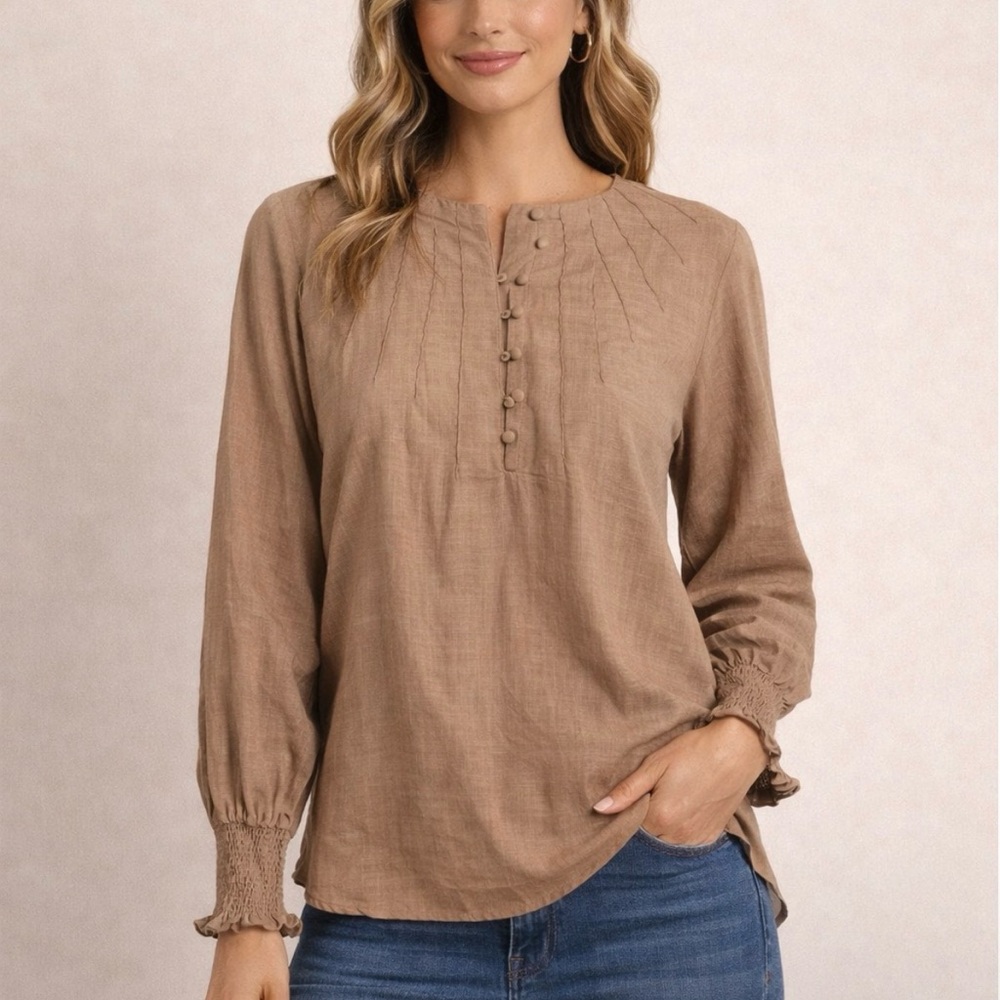 MOTF Taupe Pintuck Button-Front Long Sleeve Blouse